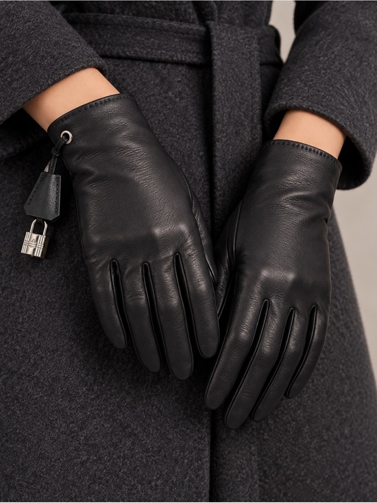 Accessories - Hermes Black Lambskin Leather Clochette Lock Gloves